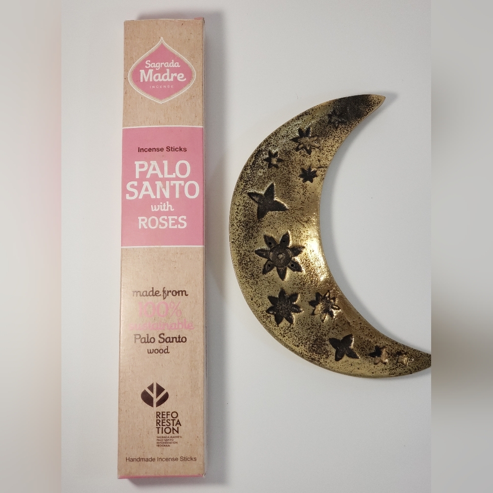Sagrada Madre Palo Santo Incense with Gold Crescent Holder